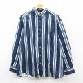 XL★古着 長袖 シャツ メンズ ロング丈 コットン ボタンダウン 紺他 ストライプ 26feb09