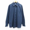 XL★古着 長袖 シャツ メンズ 大きいサイズ ロング丈 紺他 ストライプ 26feb19