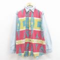 XL★古着 長袖 シャツ メンズ 00年代 00s ネイティブ柄 ラグ柄 ロング丈 コットン 薄紺 デニム【spe】 26feb27