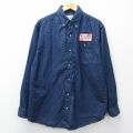 L★古着 長袖 シャツ メンズ PLC ロング丈 コットン ボタンダウン 濃紺 デニム 26mar05