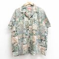 XL★古着 半袖 ハワイアン シャツ メンズ 90年代 90s ヤシの木 ハイビスカス カメ 大きいサイズ コットン 開襟 オープンカラー ハワイ製 緑 26apr14