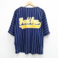XL★古着 半袖 ベースボール シャツ メンズ 90年代 90s World Gym 大きいサイズ USA製 紺他 ストライプ 26apr16