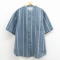 XL★古着 ビューグルボーイ 半袖 シャツ メンズ 00年代 00s ノーカラー 紺 ストライプ 26apr30