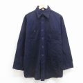 XL★古着 長袖 ワーク シャツ メンズ 80年代 80s ロング丈 紺 26jan31