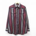 XL★古着 長袖 ウエスタン シャツ メンズ 90年代 90s ロング丈 USA製 エンジ他 ストライプ 26apr01