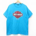 XL★古着 半袖 ビンテージ Tシャツ メンズ ハーレーダビッドソン Harley Davidson ビッグロゴ コットン クルーネック 水色 【spe】 25jul26 中古