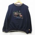 XL★古着 長袖 スウェット メンズ シカ 刺繍 大きいサイズ クルーネック 濃紺 ネイビー 24aug26 中古 スエット トレーナー トップス