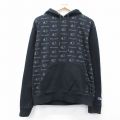 XL★古着 チャンピオン Champion 長袖 スウェット パーカー メンズ ワンポイントロゴ 総柄 黒 26mar27