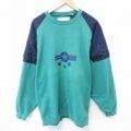 L★古着 バンヒューセン 長袖 トップス メンズ 90年代 90s 星 ツートンカラー 刺繍 コットン ラグラン クルーネック 緑 グリーン 25mar19 中古 スエット トレーナー