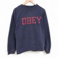 XL★古着 オベイ OBEY 長袖 スウェット メンズ ビッグロゴ 大きいサイズ クルーネック 紺 ネイビー 25apr02 中古 スエット トレーナー トップス