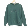 M★古着 長袖 スウェット メンズ 90年代 90s ラスベガス 刺繍クルーネック USA製 緑 25dec09