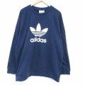 XL★古着 アディダス adidas 長袖 トップス メンズ ビッグロゴ リーフ トレフォイル 大きいサイズ コットン ラグラン クルーネック 紺 25dec19