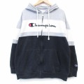 XL★古着 チャンピオン Champion 長袖 フルジップ スウェット パーカー メンズ ビッグロゴ 刺繍 大きいサイズ ブラック 26jun18