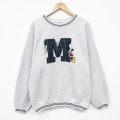 M★古着 長袖 スウェット メンズ ディズニー ミッキー 刺繍 クルーネック 薄グレー 霜降り 26feb28