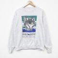 M★古着 長袖 スウェット メンズ 90年代 90s オオカミ クルーネック 薄グレー 霜降り 26feb28