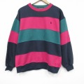 L★古着 長袖 スウェット メンズ 90年代 90s ワンポイントロゴ マルチカラー クルーネック 緑他 ボーダー 26mar03