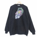 XL★古着 長袖 スウェット メンズ 90年代 90s 花 大きいサイズ クルーネック USA製 黒 26apr04
