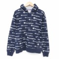 L★古着 チャンピオン champion 長袖 スウェット パーカー メンズ 総柄 紺 26apr06
