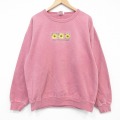 XL★古着 長袖 スウェット メンズ 90年代 90s ヒマワリ 刺繍 コットン クルーネック カナダ製 ピンク 26apr07