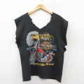 L★古着 ハーレーダビッドソン Harley Davidson ノースリーブ スウェット メンズ 80年代 80s バイク 鳥 ラグラン Vネック 黒 ブラック 【spe】 25apr09 中古 スエット トレーナー トップス