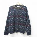 L★古着 長袖 セーター メンズ 90年代 90s 総柄 手織り クルーネック USA製 紺 ネイビー 24sep25 中古 ニット トップス
