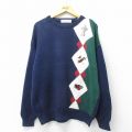 XL★古着 長袖 セーター メンズ 00年代 00s ゴルフ 刺繍 アーガイル 大きいサイズ コットン クルーネック 紺他 ネイビー 24oct02 中古 ニット トップス