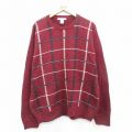 XL★古着 長袖 セーター メンズ 00年代 00s 大きいサイズ コットン クルーネック エンジ他 チェック 24oct09 中古 ニット トップス