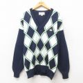 L★古着 長袖 セーター メンズ 90年代 90s アーガイル ゴルフ Vネック 濃紺 ネイビー 24nov12 中古 ニット トップス
