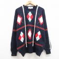XL★古着 長袖 セーター メンズ 90年代 90s アーガイル 手織り コットン クルーネック 濃紺 ネイビー 24dec06 中古 ニット トップス