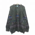 【20%OFF】XL★古着 ジャンセン 長袖 セーター メンズ 90年代 90s ネイティブ柄 ラグ柄 大きいサイズ　ロング丈 クルーネック 濃緑他 グリーン 25jan06 中古 ニット トップス
