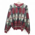 L★古着 長袖 セーター メンズ 90年代 90s レザー使用 アクリル クルーネック エンジ他 25jan10 中古 ニット トップス