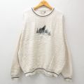 XL★古着 長袖 セーター メンズ 90年代 90s オオカミ 刺繍 大きいサイズ コットン クルーネック USA製 生成り 25jan27 中古 ニット トップス