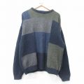 XL★古着 長袖 セーター メンズ 90年代 90s 手織り コットン クルーネック USA製 紺他 ネイビー 25jan31 中古 ニット トップス