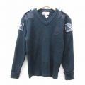 M★古着 長袖 セーター メンズ セキュリティ ヒジ当て アクリル Vネック 濃紺 ネイビー 25feb27 中古 ニット トップス