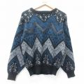 S★古着 長袖 セーター メンズ 90年代 90s レザー使用 アクリル クルーネック 黒他 ブラック 25mar18 中古 ニット トップス