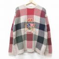 L★古着 ラルフローレン Ralph Lauren チャップス 長袖 ブランド セーター メンズ 90年代 90s ビッグロゴ 刺繍 コットン クルーネック 薄茶他 ブラウン チェック 【spe】 25sep11 中古 ニット トップス