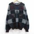 XL★古着 長袖 セーター メンズ 90年代 90s レザー使用 アクリル クルーネック 黒他 ブラック 25sep27 中古 ニット トップス