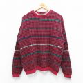 M★古着 長袖 セーター メンズ 90年代 90s 千鳥格子 クルーネック 赤他 レッド 25sep27 中古 ニット トップス