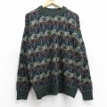 L★古着 長袖 セーター メンズ 90年代 90s 総柄 クルーネック USA製 濃緑他 グリーン 25sep27 中古 ニット トップス
