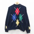 L★古着 Liz sport 長袖 セーター メンズ 90年代 90s アーガイル コットン モックネック ハイネック USA製 紺他 ネイビー 25sep29 中古 ニット トップス