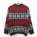 S★古着 長袖 セーター メンズ 総柄 ウール クルーネック 紺 ネイビー 25sep30 中古 ニット トップス