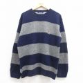 L★古着 トミーヒルフィガー TOMMY HILFIGER 長袖 ブランド セーター メンズ 90年代 90s ワンポイントロゴ シェットランドウール クルーネック 紺 ネイビー ボーダー 25sep30 中古 ニット トップス