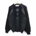 L★古着 長袖 セーター メンズ 00年代 00s レザー使用 ラグラン アクリル クルーネック 黒 ブラック 25oct03 中古 ニット トップス