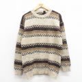 M★古着 長袖 セーター メンズ ラグ柄 クルーネック ベージュ他 カーキ 25oct09 中古 ニット トップス