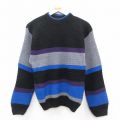 S★古着 長袖 セーター メンズ 90年代 90s アクリル クルーネック USA製 黒他 ブラック ボーダー 25oct09 中古 ニット トップス