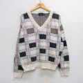 L★古着 長袖 セーター メンズ 90年代 90s コットン Vネック USA製 白他 ホワイト チェック 25oct10 中古 ニット トップス