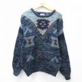 M★古着 長袖 セーター メンズ レザー使用 アクリルクルーネック 紺他 ネイビー 25oct14 中古 ニット トップス