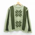 M★古着 長袖 セーター メンズ 80年代 80s 雪柄 アクリル クルーネック 薄緑 グリーン 25oct24 中古 ニット トップス
