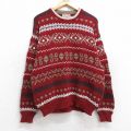 M★古着 長袖 セーター メンズ 90年代 90s 総柄 コットン クルーネック エンジ系他 25oct28 中古 ニット トップス