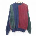 L★古着 ノーティカ NAUTICA 長袖 ブランド ケーブル セーター メンズ 90年代 90s ワンポイントロゴ マルチカラー クレイジーパターン コットン クルーネック エンジ他 25oct28 中古 ニット トップス